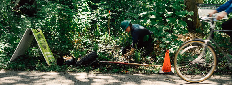 Corps Member kneeling down next to a tool, wearing a hard hat, in a forested area. The forested area is marked off with a sign and an orange cone.