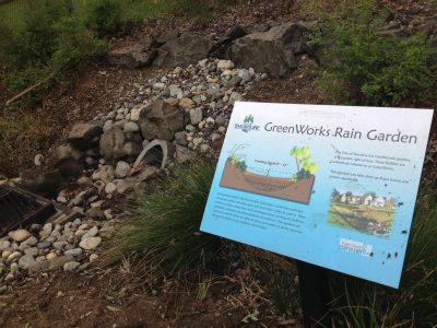 A sign with infographics and written information, with a title that reads, "GreenWorks Rain Garden". The sign is outdoors, situated in front of rocks, dirt, and some plants.