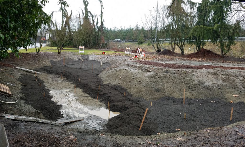 The hole filled with bioretention mix, a blend of sand and compost.