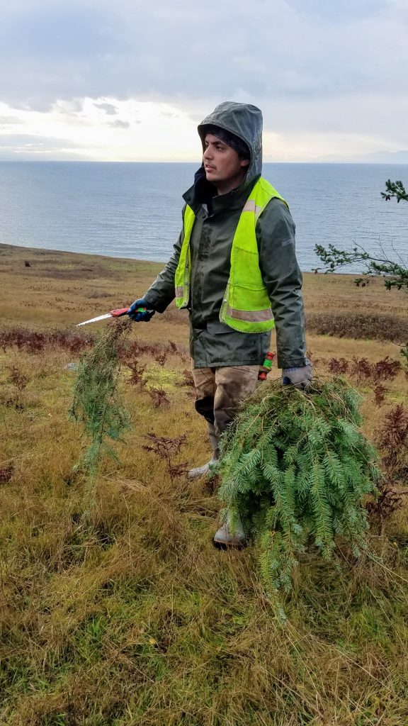 Volunteer Specialist, Fernando Silveira wearing a safety vest and holding a plant that had been cut and removed.