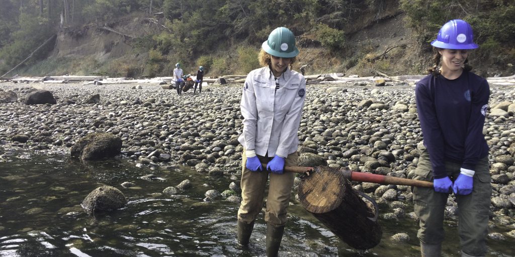 Two Corps Members wearing hard hats, removing a creosote-coated log from the shoreline. 