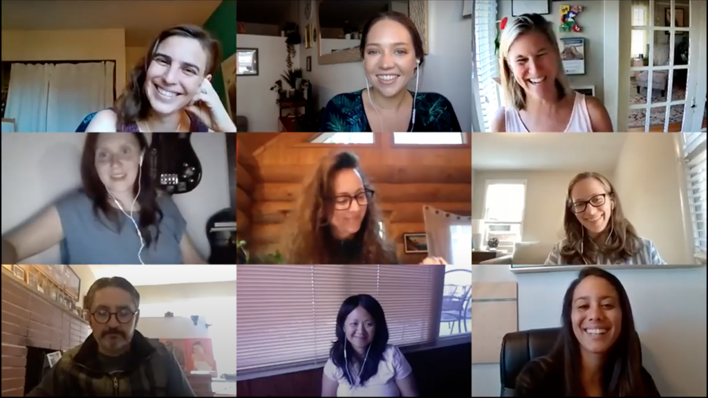 Screenshot of nine participants on the Zoom call laughing together