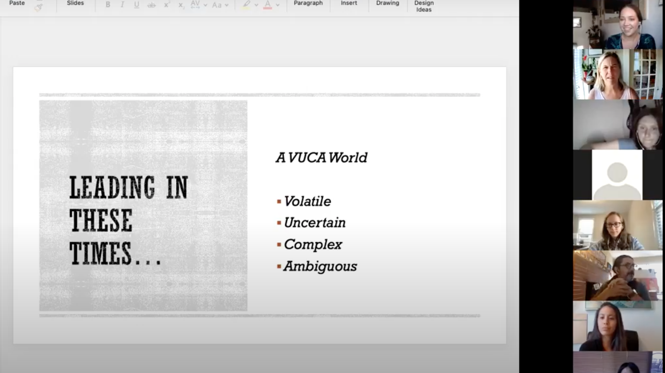 A screenshot of the Zoom call and a slide from the leadership presentation