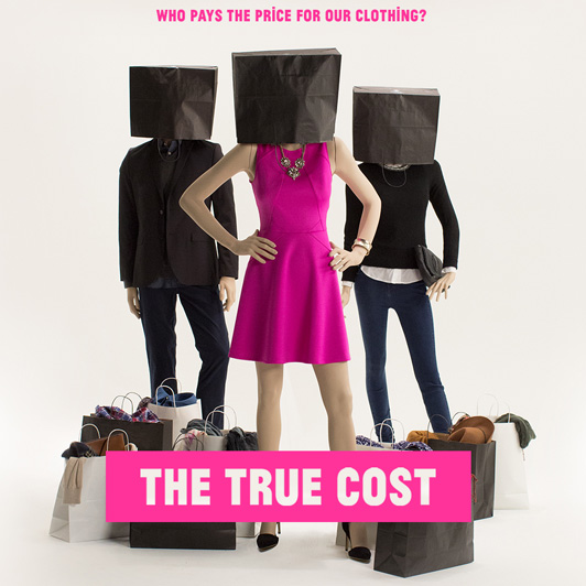 The True Cost documentary cover that shows three fashion mannequins with bags over their heads. 
