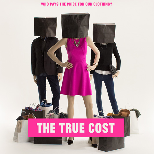 The True Cost documentary cover that shows three fashion mannequins with bags over their heads.