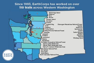 Infographic of a map of Washington state with a title that reads, "Since 1993, EarthCorps has worked on over 110 trails across Western Washington." There are little red dots on the map, signifying the locations of the trails. There is a list of the locations written out on the map. The list reads, "Bainbridge Island, Bellevue, Bow, Burien, Camano Island, Carnation, Everett, Federal Way, Forks, Freeland, Friday Harbor, Gifford Pinchot National Forest, Gold Bar, Issaquah, Kirkland, Lynnwood, Medina, Montesano, Mt. Baker – Snoqualmie National Forest, Alpine Lakes Wilderness, Glacier Peak Wilderness Area, Henry M. Jackson Wilderness Area, Mt. Rainier National Park, Mt. Vernon, Newcastle, North Bend, North Cascades National Park, Okanogan-Wenatchee National Forest, Randle, Redmond, Sammamish, Seattle, Sedro-Woolley, Shelton, Shoreline, Tacoma, Whidbey Island."