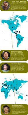 Lylianna (2007), Washington Lylianna is the Climate Justice Director at the City of Seattle. She develops and implements climate justice strategies through the Green New Deal and the Equity & Environment Initiative. Eric (2014), Colorado With the USDA Natural Resources Conservation Service, Eric uses satellite-derived maps to support organizations in conserving 8 million acres of rangelands across the western U.S. Anya (2011), Russia As Director of the Biakal Interactive Environmental Center, Anya develops programs for students to engage with nature and become environmental champions. Rinzin (2014), Nepal Rinzin is a conservation biologist whose research focuses on big cats and human interaction. In 2021, he received a Rolex Award for his work in community-based conservation.